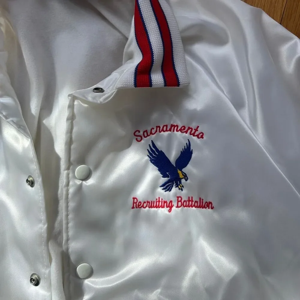 Vtg 1980s White Satin Varsity Bomber Jacket Large Mens Sacramento Battalion
